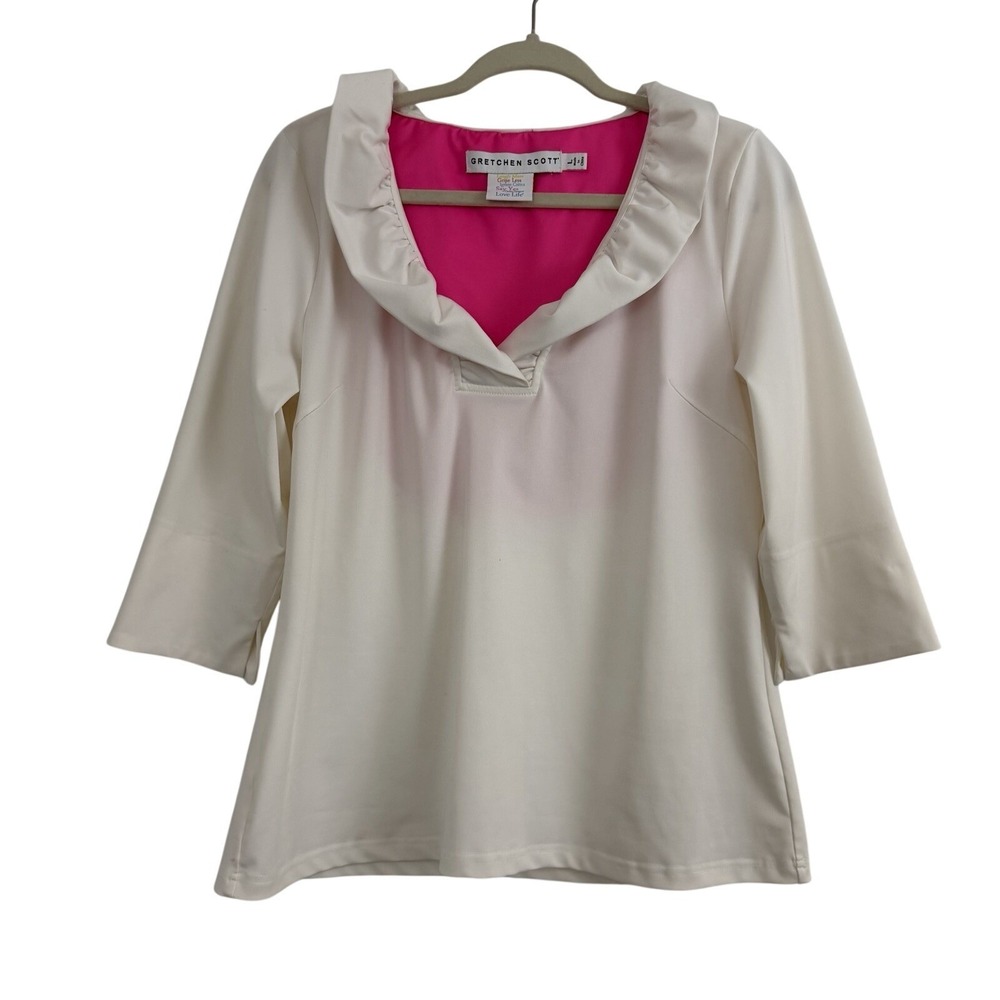 Gretchen Scott White Ruffle Neck Blouse Sz L Stretch Preppy Golf Country Club